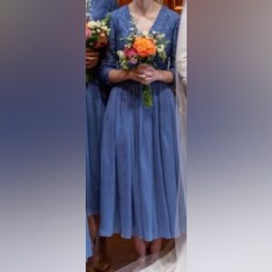 JJ’s House blue bridesmaid dress, 3/4 sleeve,  lace, calf length, sz 0.
